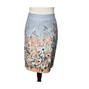 Talbots Womens Skirt Sz 6 Gray Floral Hummingbird Cotton‎ Linen Cottagecore